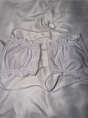 SHEIN White Ruched Bandeau Bikini Top